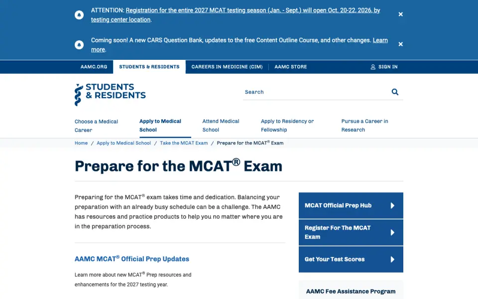 AAMC MCAT Official Prep's website