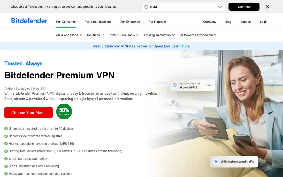 Bitdefender Premium VPN's website