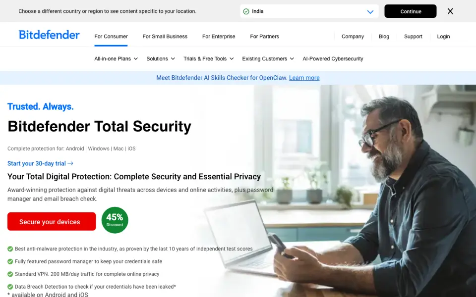 Bitdefender Total Security's website