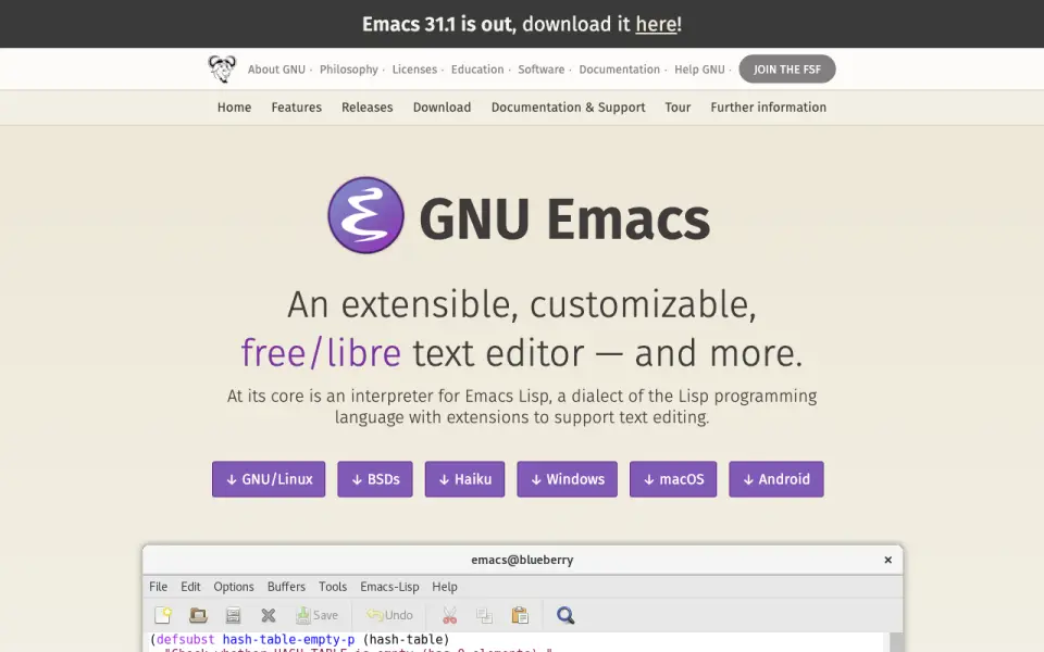 GNU Emacs's website