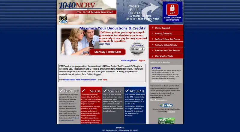 The 1040NOW homepage