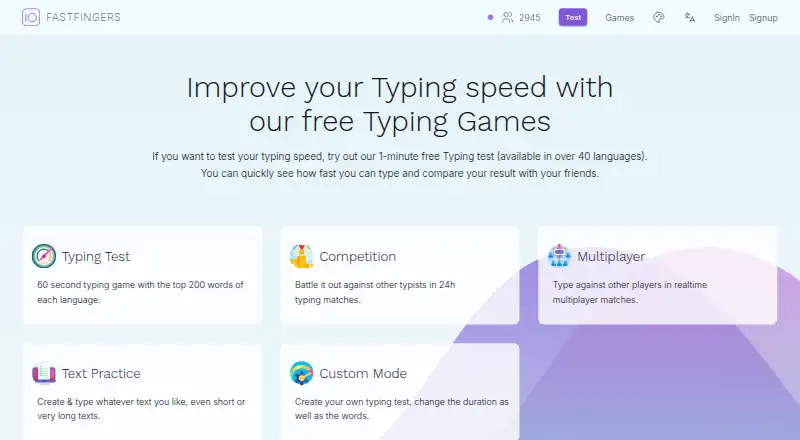 The 10FastFingers homepage