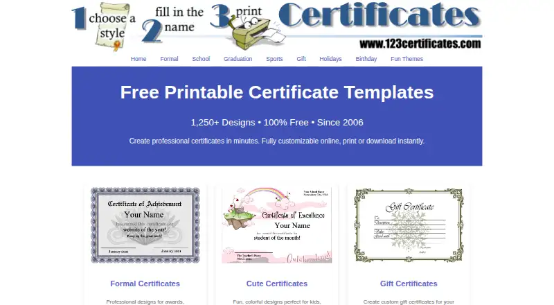 The 123Certificates homepage