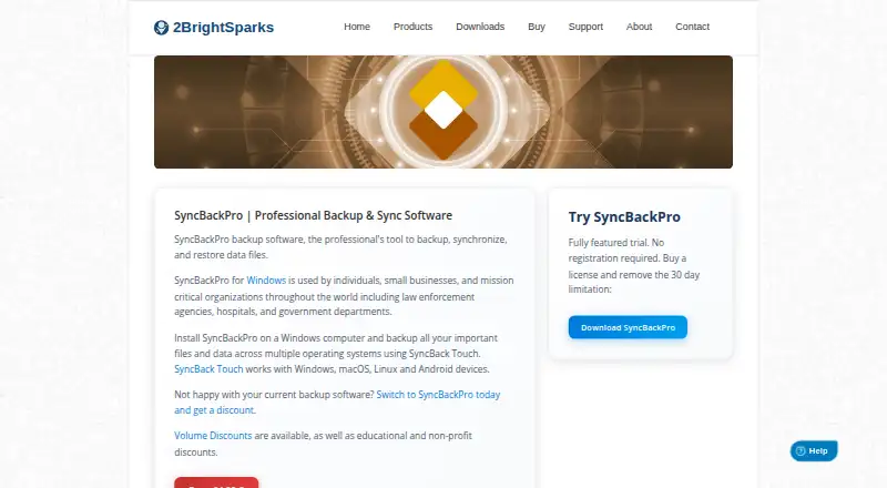 The SyncBack homepage