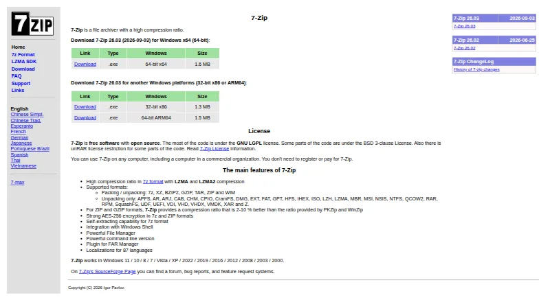 The 7-Zip homepage