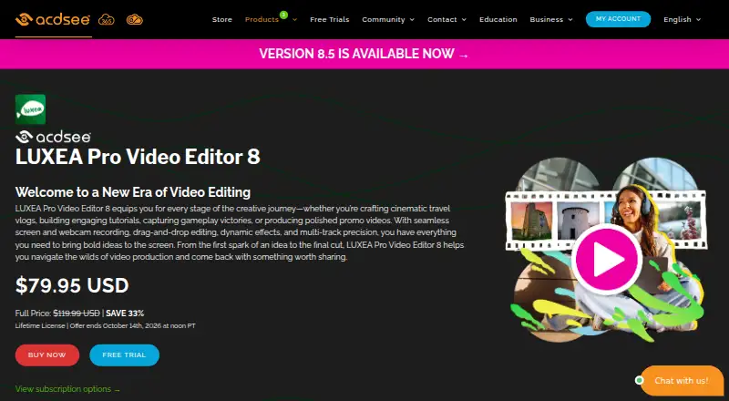 The ACDSee LUXEA Pro Video Editor homepage