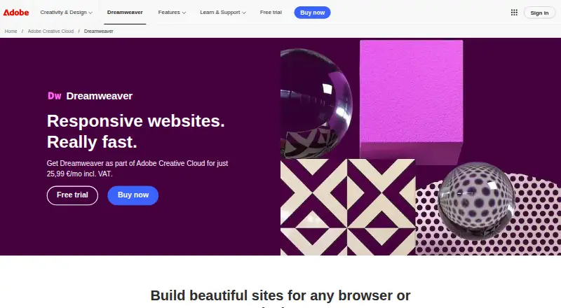 The Adobe Dreamweaver homepage