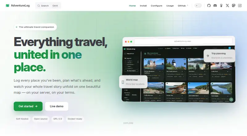 The AdventureLog homepage