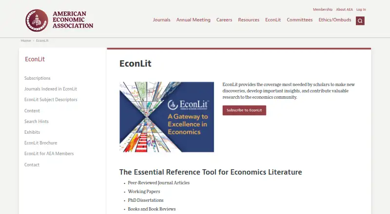The EconLit homepage