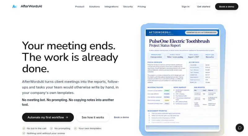 The AfterWordsAI homepage