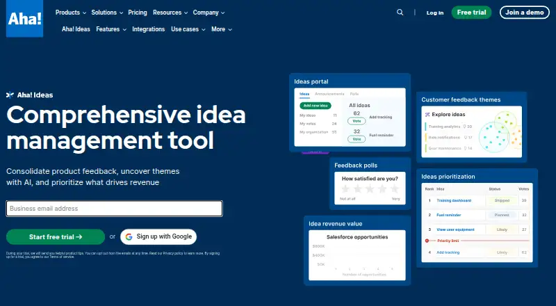 The Aha! Ideas homepage