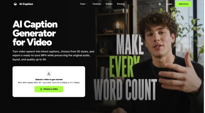 The AI Caption homepage