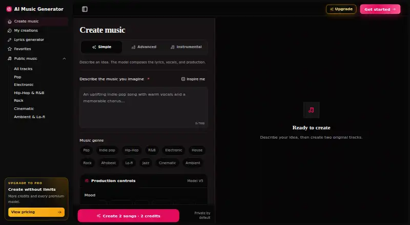 The AI Music Generator homepage