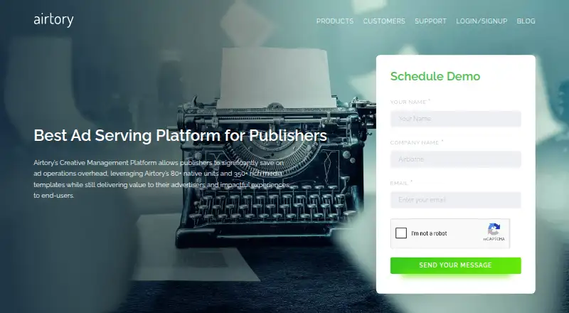 Airtory Publisher Ad Server's website
