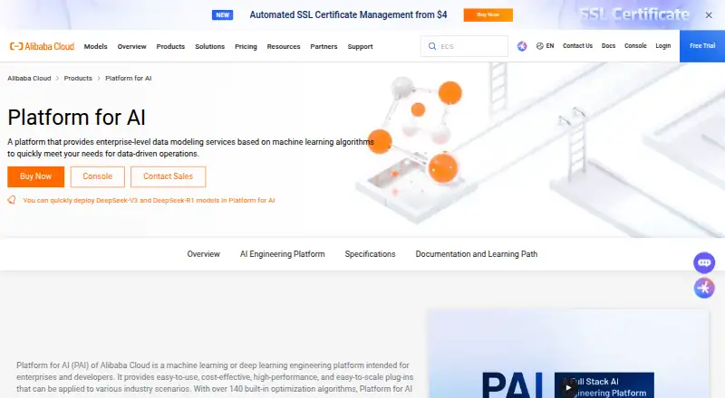 Alibaba Cloud Machine Learning Platform for AI's website