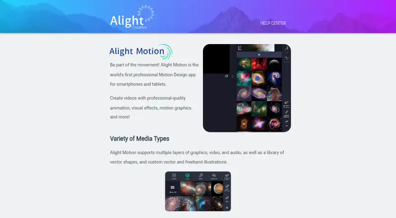 The Alight Motion homepage