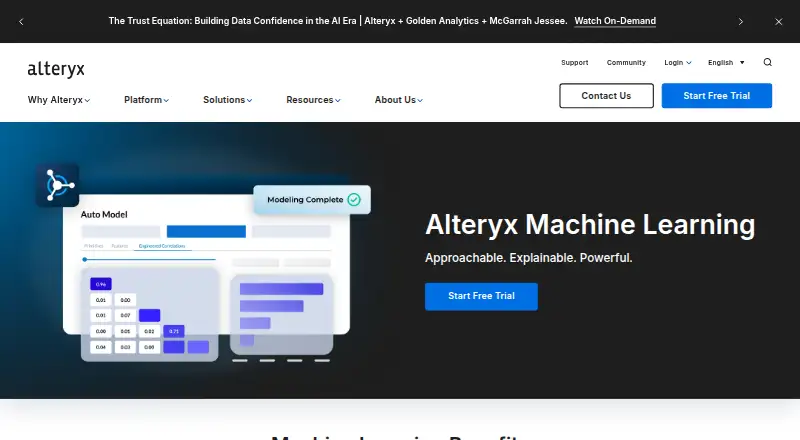 Alteryx Machine Learning's website