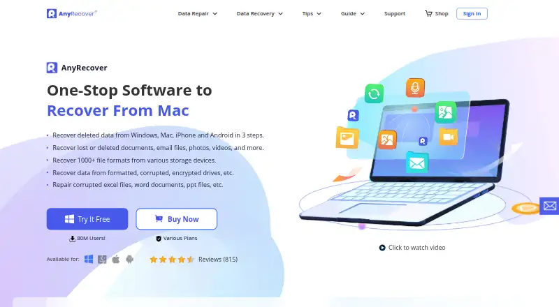 The AnyRecover homepage