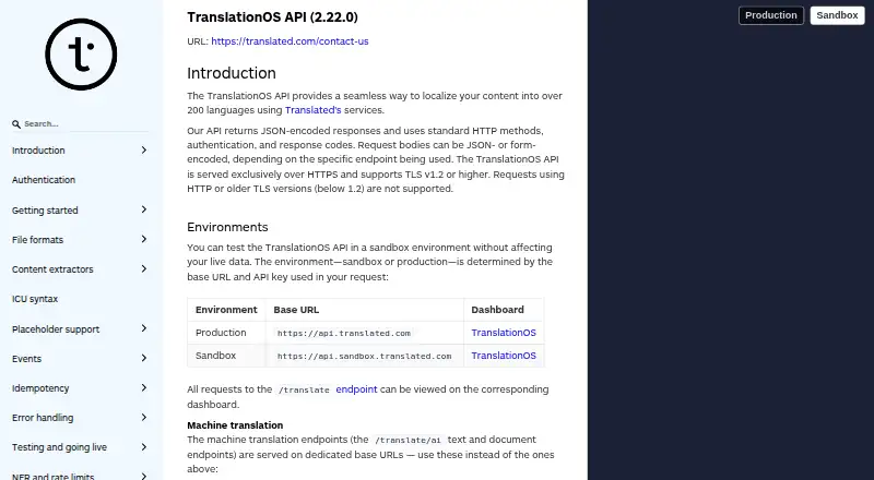 TranslationOS API's website
