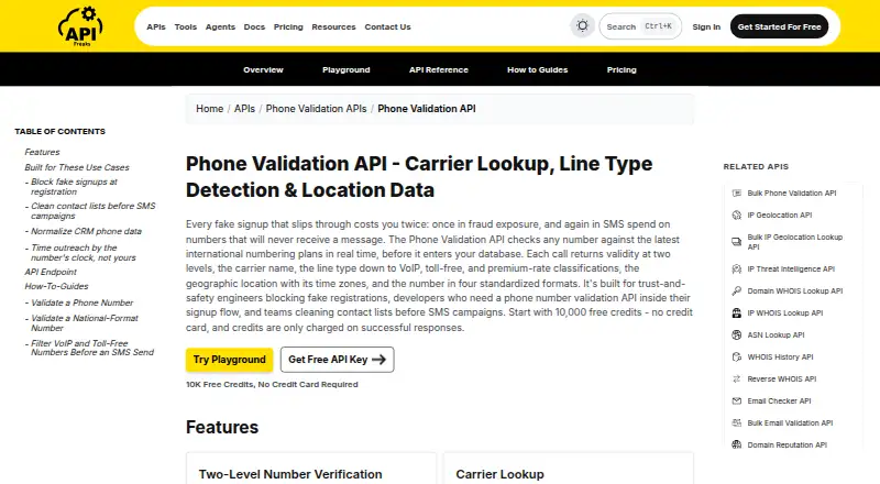 APIFreaks Phone Validation API's website