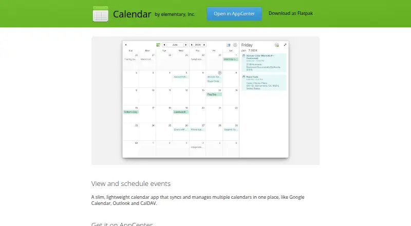 The elementary Calendar homepage