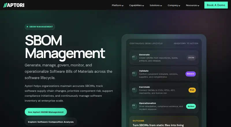 Aptori SBOM Management's website