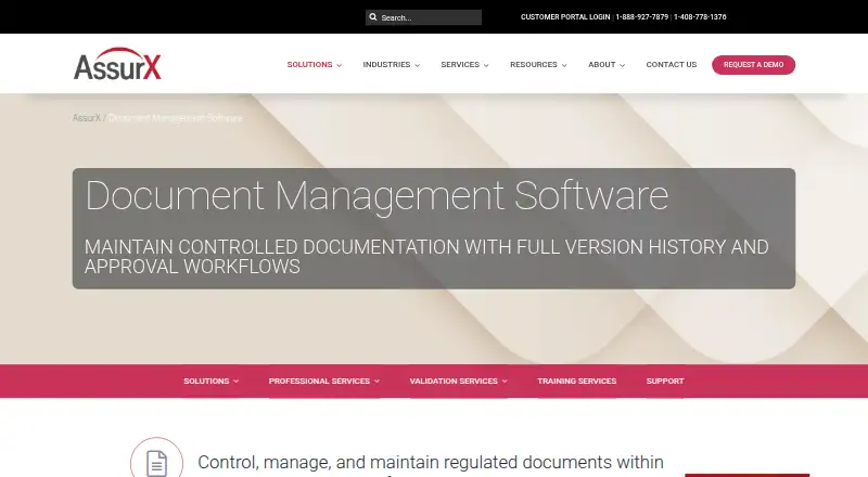 The AssurX Document Management homepage