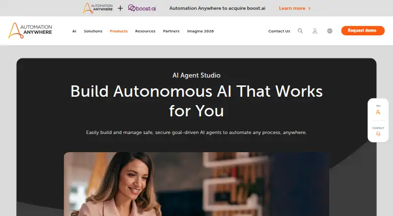 Automation Anywhere AI Agent Studio's website