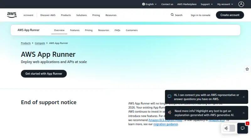 AWS App Runner's website