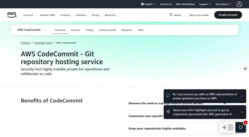 AWS CodeCommit's website