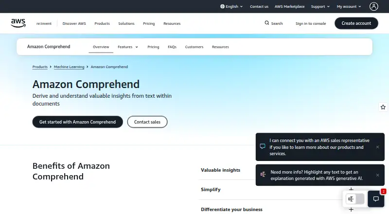 Amazon Comprehend's website