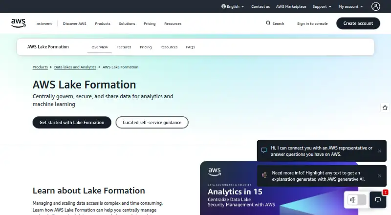 AWS Lake Formation's website