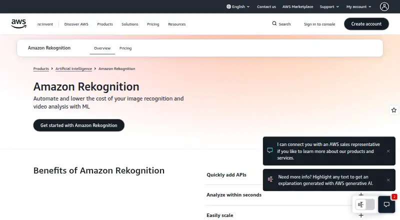 Amazon Rekognition Face Search's website
