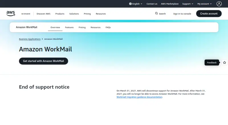 Amazon WorkMail's website