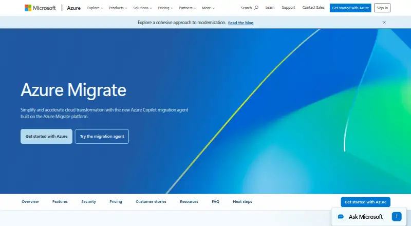 Azure Migrate's website