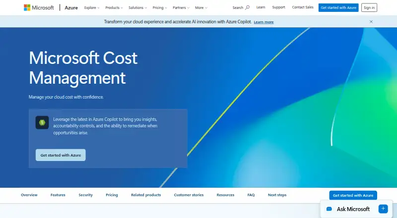 Microsoft Azure Cost Management's website