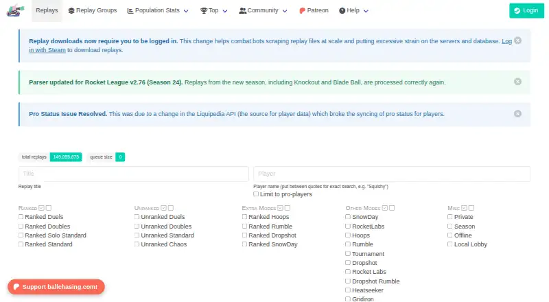 ballchasing.com's website