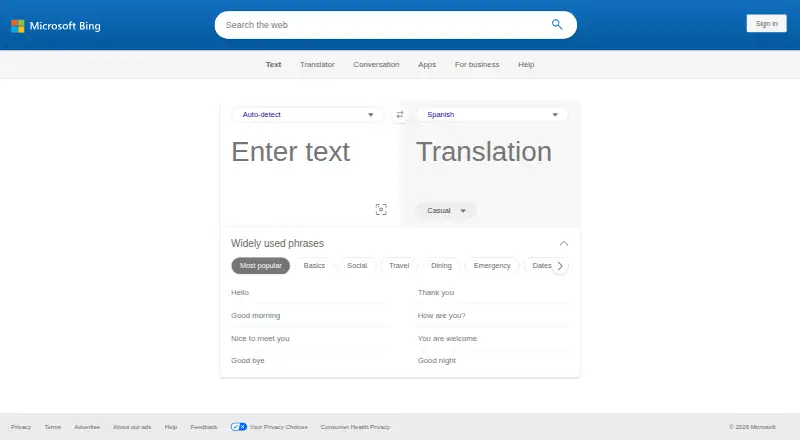Bing Translator's website