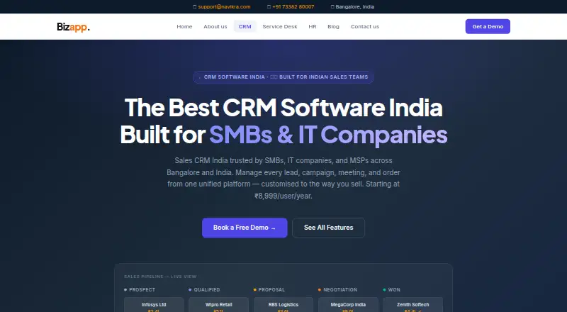 The Bizapp CRM homepage