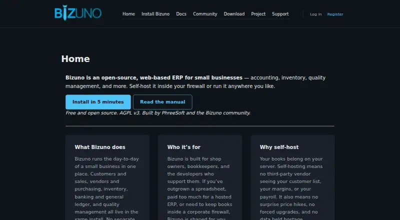 The Bizuno homepage