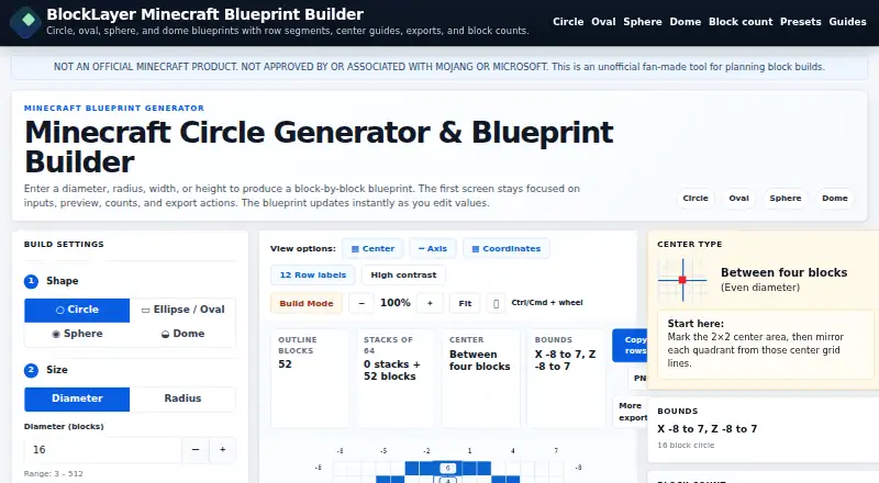 The BlockLayer Minecraft Circle Generator & Blueprint Builder homepage