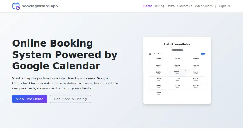 The BookingWizard homepage