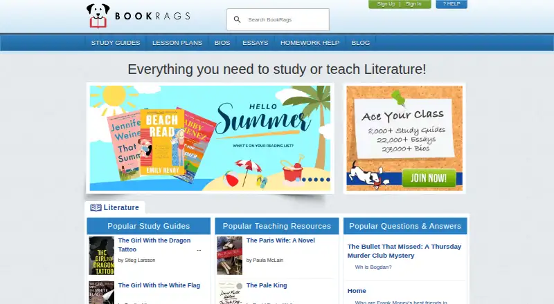 The BookRags homepage