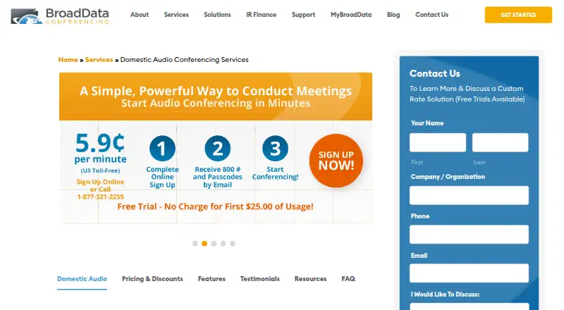 BroadData Domestic Audio Conferencing's website