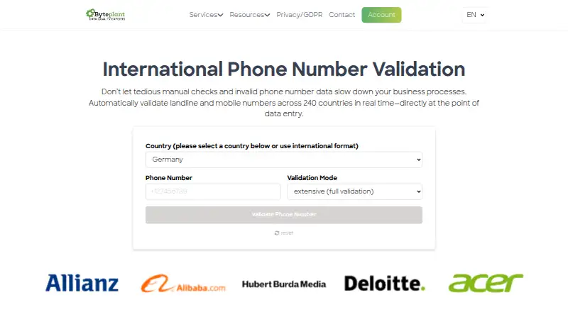 Byteplant Phone-Validator's website