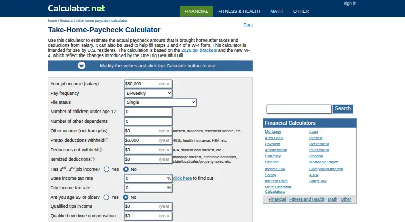 Take-Home-Paycheck Calculator's website