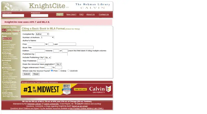 KnightCite's website