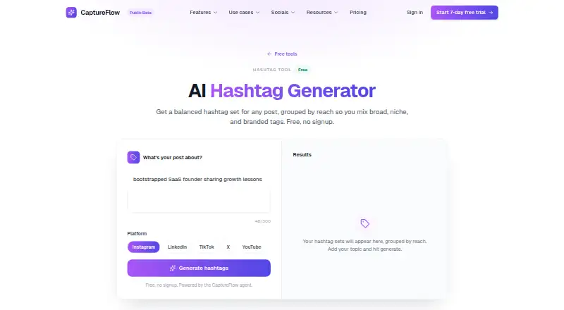 CaptureFlow Hashtag Generator's website