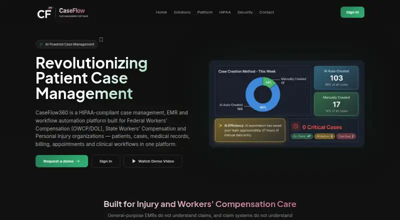 The CaseFlow360 homepage