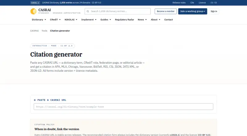 CASRAI Citation Generator's website